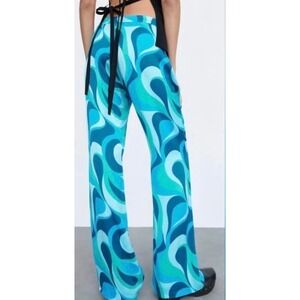 Zara The Safia Pant Women XL Blue Swirl Print High Rise Wide Leg Retro Funky